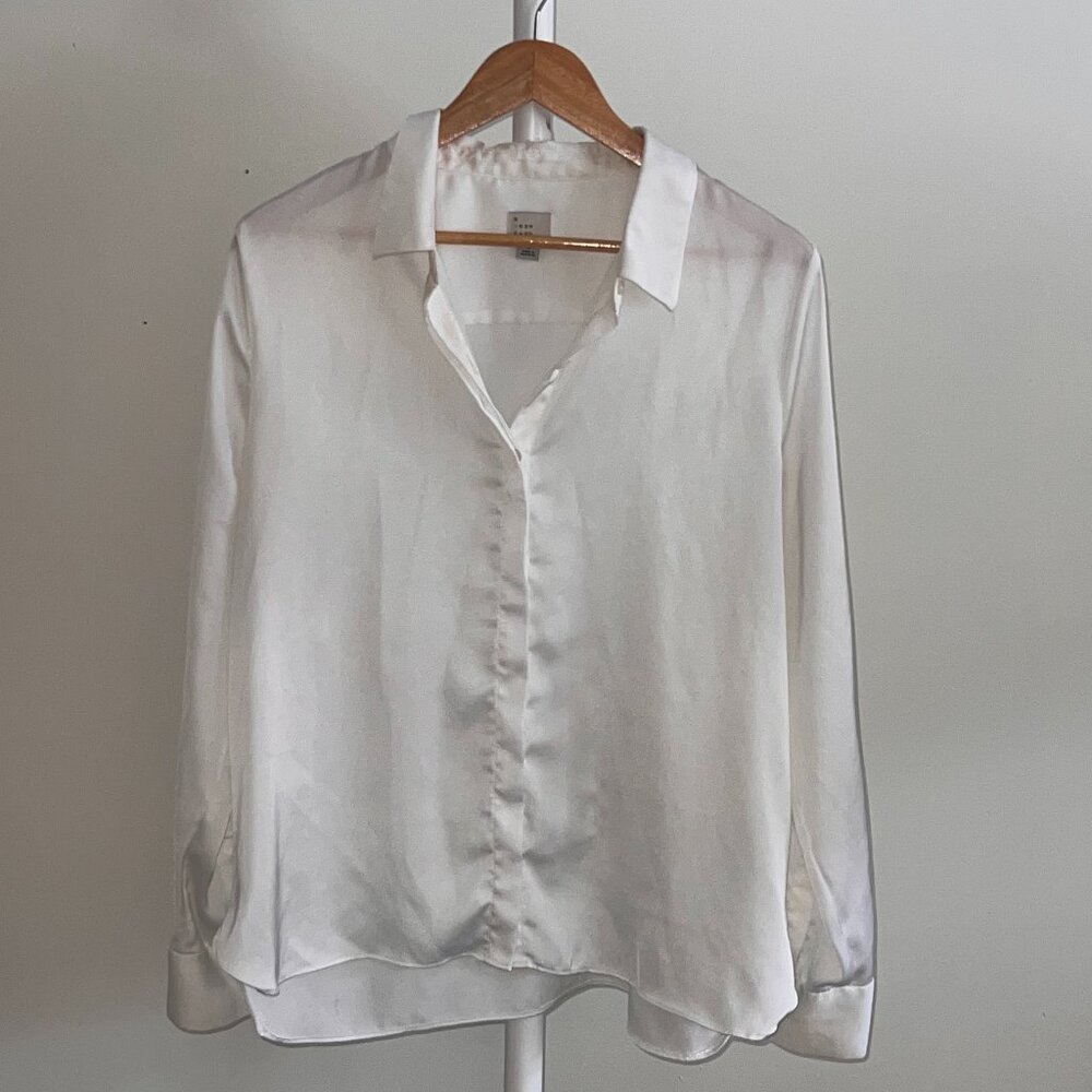 White Faux Satin Button-Up Shirt